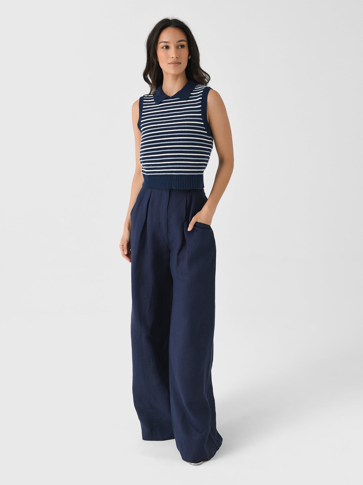 Matthew Bruch Women's Striped Mesh Collard Tank