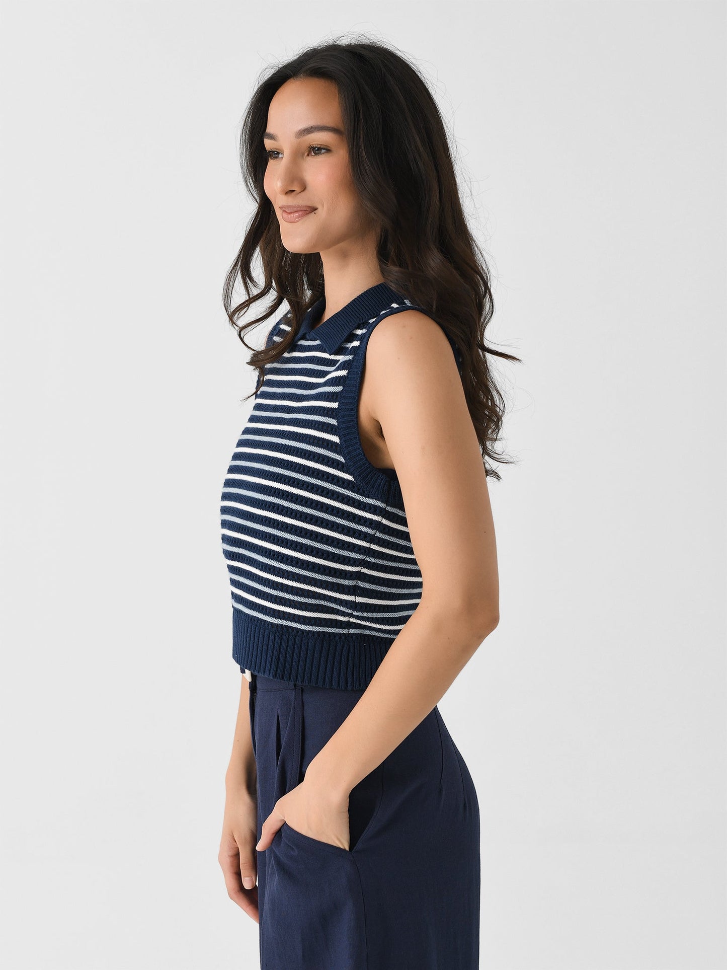 Matthew Bruch Women's Striped Mesh Collard Tank