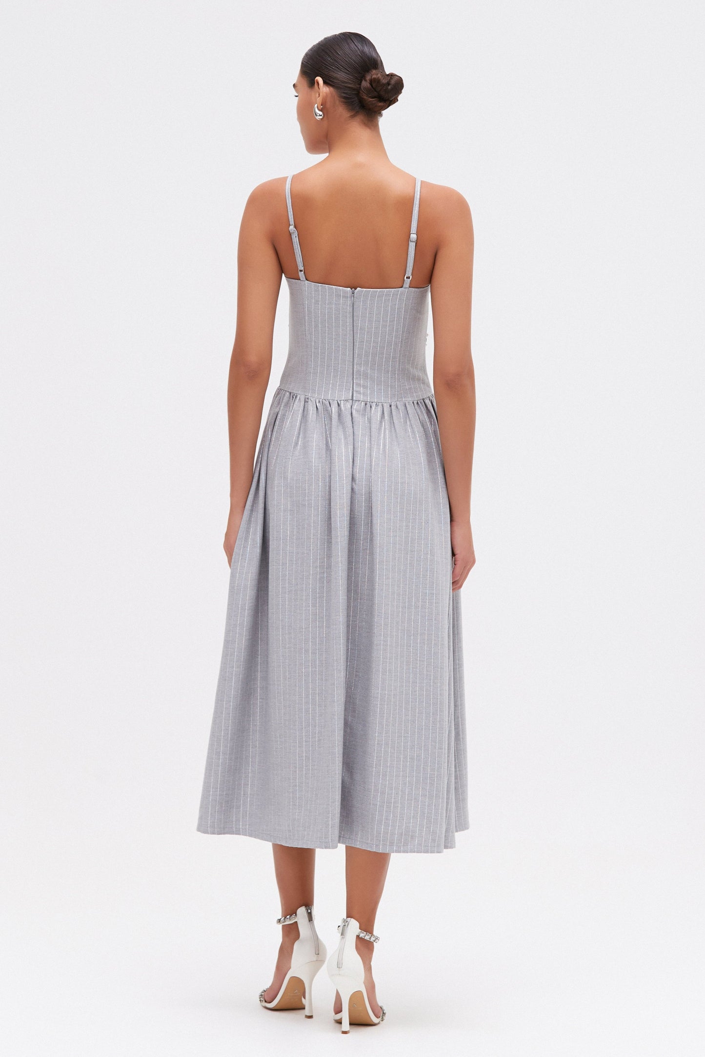 METALLIC PINSTRIPE MIDI DRESS