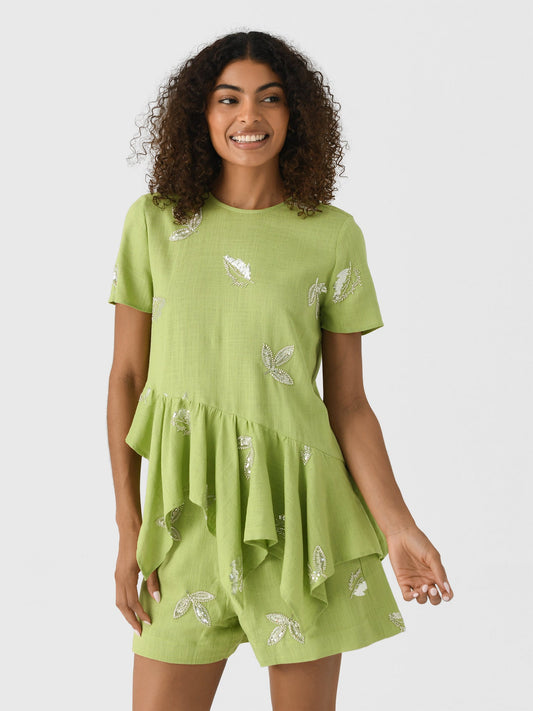 Marques Almeida Women's Linen Cap Sleeve Embroidered Sequin Top