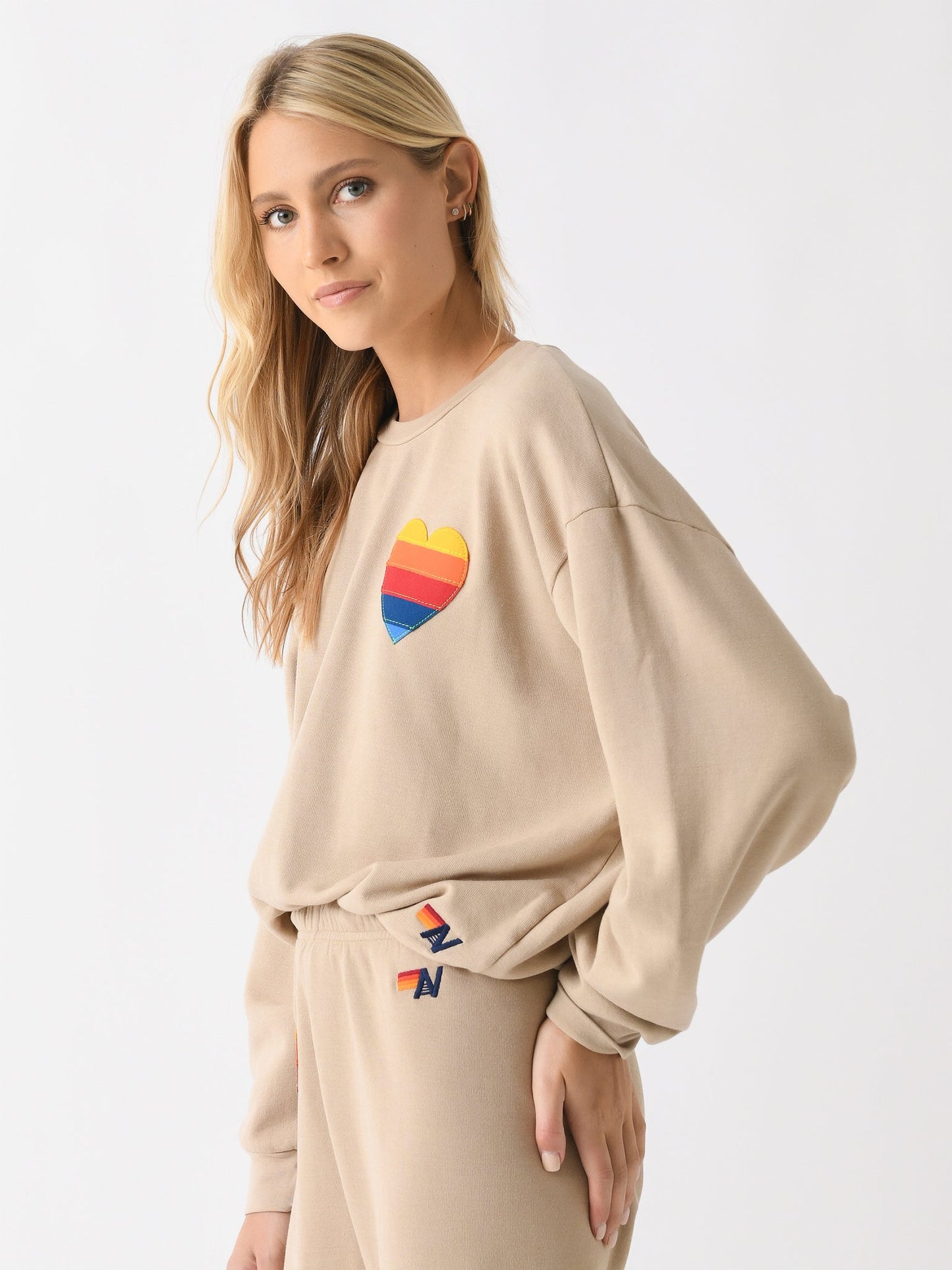 Aviator Nation Women's Rainbow Heart Stitch Relaxed Crew Sweatshirt
